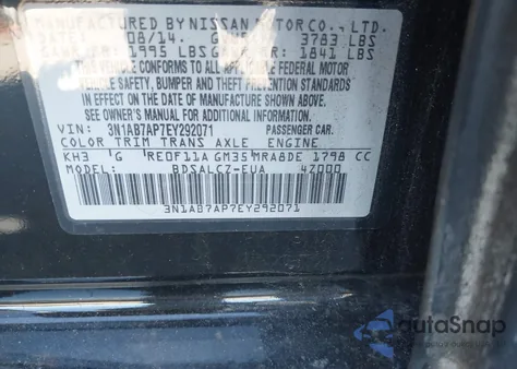 2014 Nissan Sentra S z USA, uszkodzony, nr VIN 3N1AB7AP7EY292071